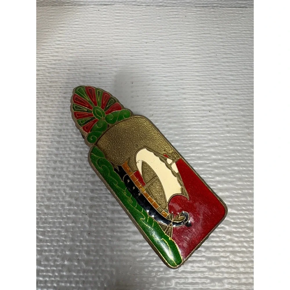 Vintage Brass Greek Cloisonne Enamel Money Clip Floral Nautical Sailing Ship
